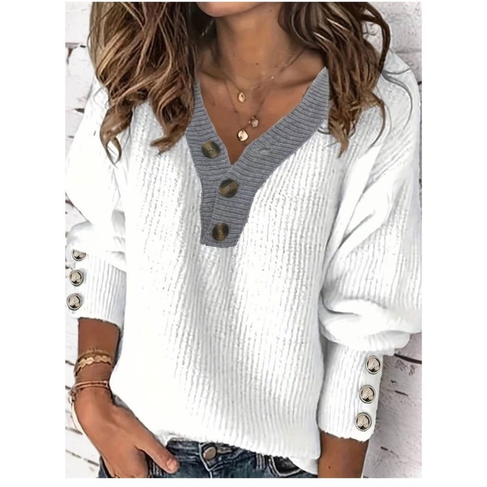 Women’s Rib Knit V-Neck Button Detail Sweater White